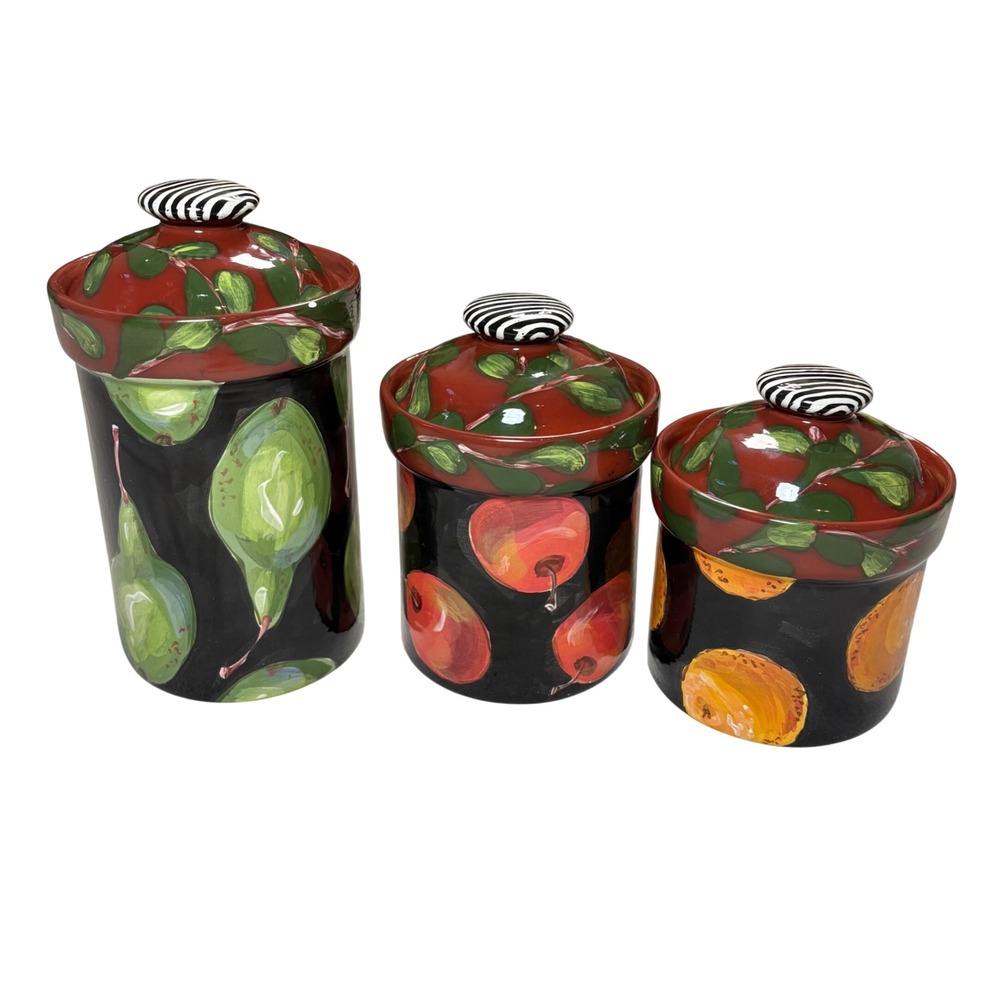 Droll Designs Hand Painted Ceramic Fruit Canister Set 3pc Cottage‎ core Dark